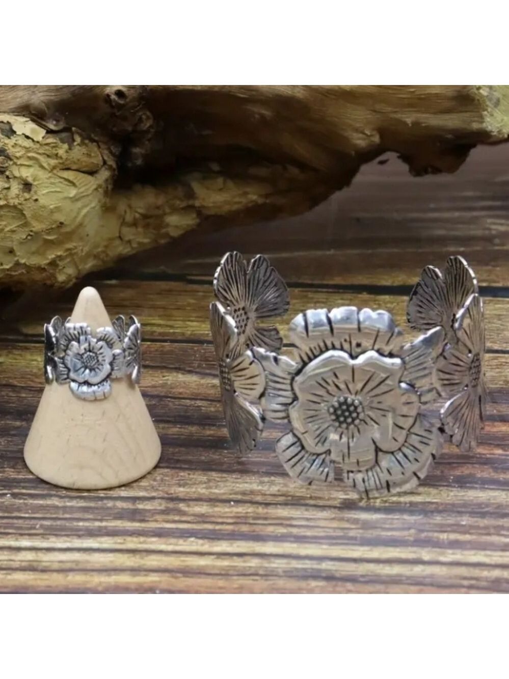 Silvertone Floral Cuff Bracelet and Ring Set - Picture 4 of 5